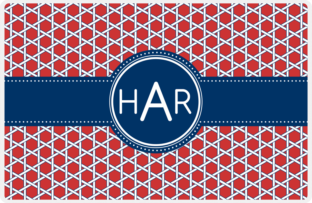 Personalized Trellis Placemat - Cherry Red and White - Navy Circle Frame with Ribbon -  View