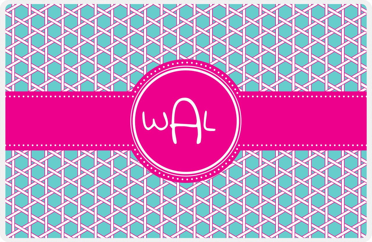 Personalized Trellis Placemat - Viking Blue and White - Hot Pink Circle Frame with Ribbon -  View