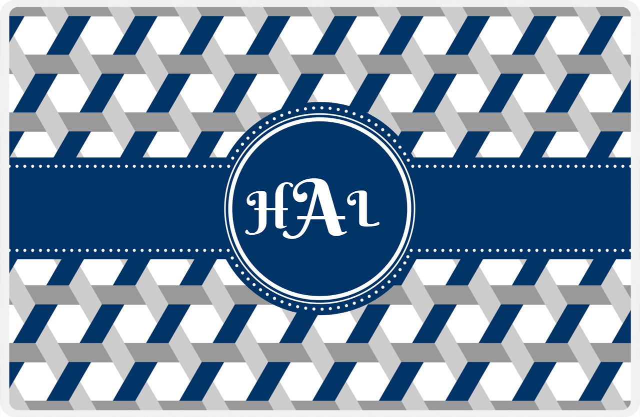 Personalized Trellis II Placemat - Light Grey and White - Navy Circle Frame with Ribbon -  View