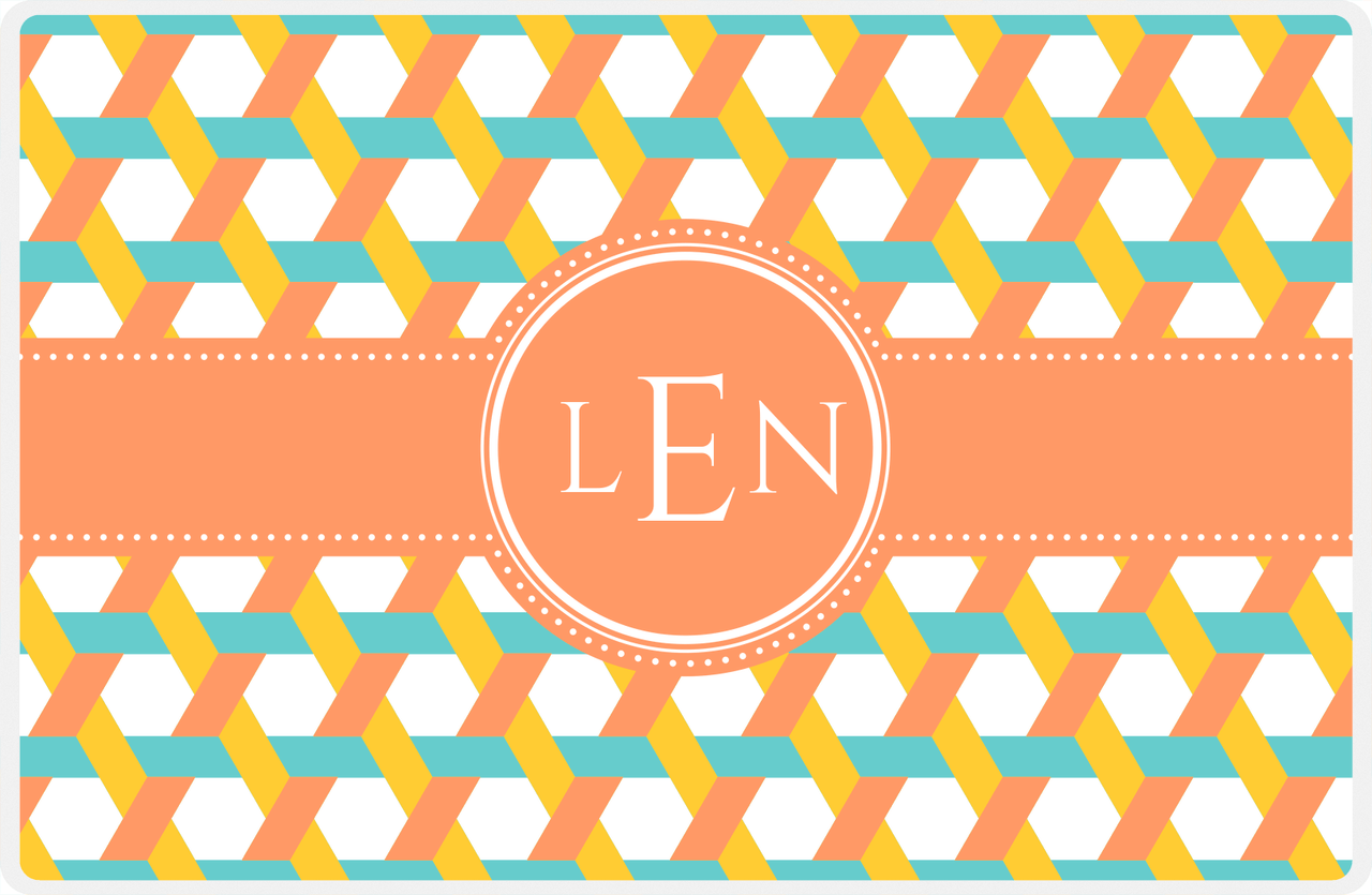 Personalized Trellis II Placemat - Viking Blue and Mustard - Tangerine Circle Frame with Ribbon -  View
