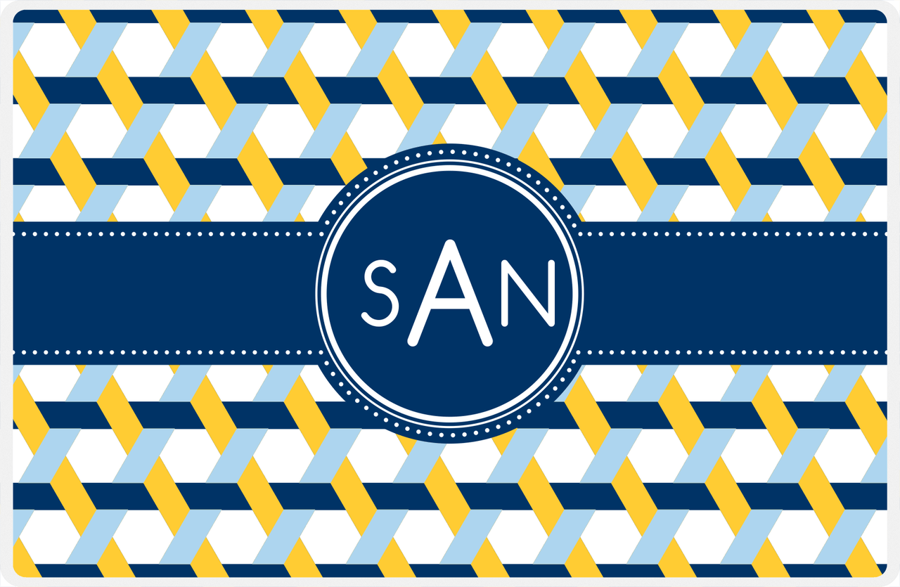 Personalized Trellis II Placemat - Navy and Mustard - Navy Circle Frame with Ribbon -  View