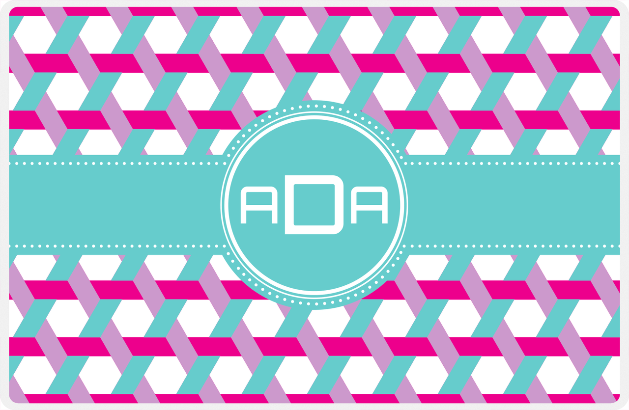 Personalized Trellis II Placemat - Hot Pink and White - Viking Blue Circle Frame with Ribbon -  View