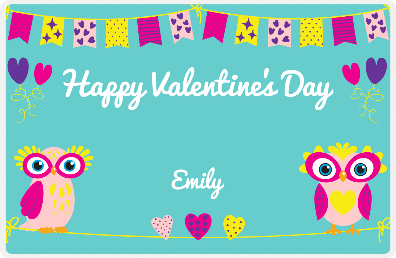 Personalized Valentines Day Placemat IX - Valentine's Owls - Teal Background -  View