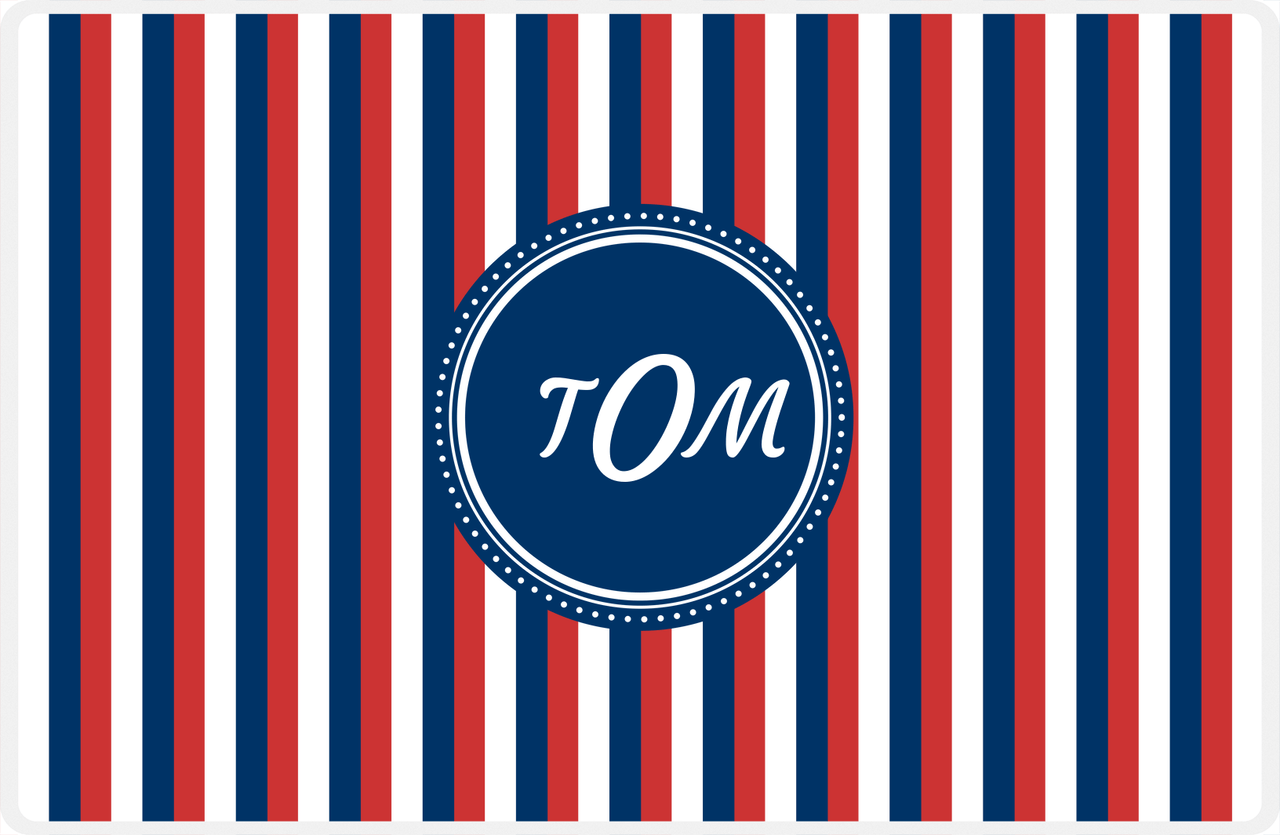 Personalized Vertical Stripes II Placemat - Cherry Red and White - Navy Circle Frame -  View
