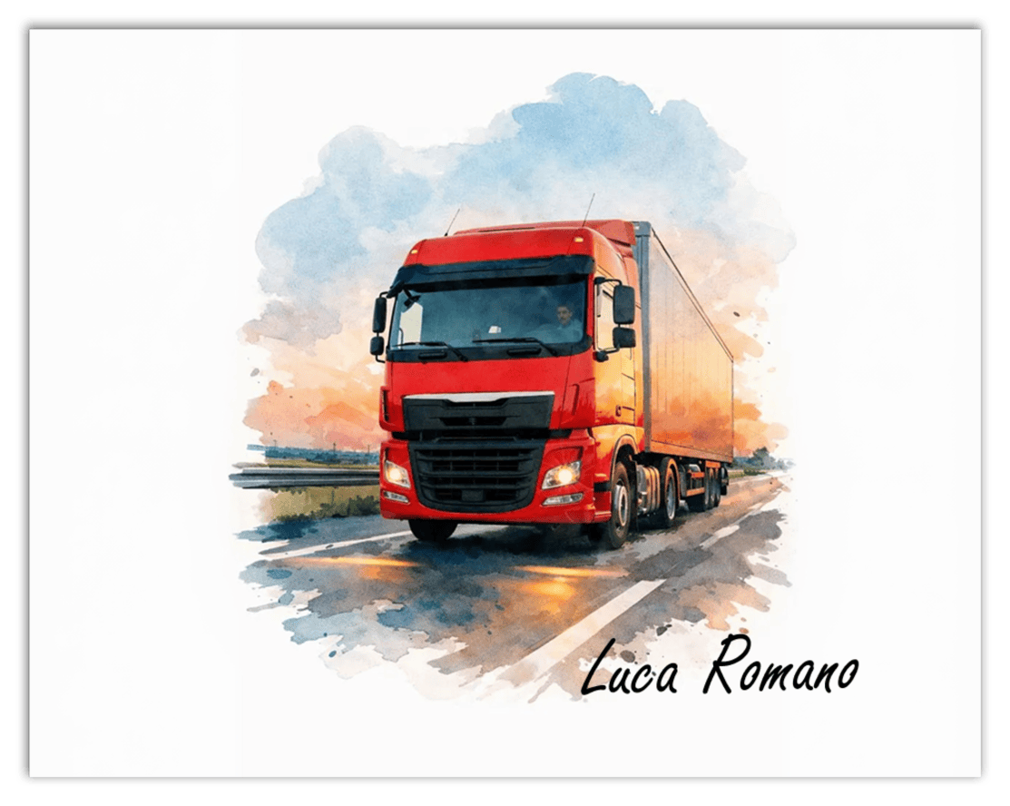 Personalized Watercolor Truck Portrait Wall Art – Transform Your Photo into Custom Vehicle Artwork with Name, Trucker Keepsake Decor for Living Room, Bedroom, Office, Customized Gifts for Truckers - Front View