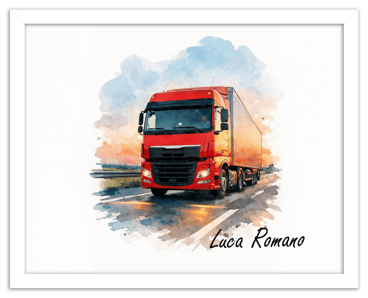 Personalized Watercolor Truck Portrait Wall Art – Transform Your Photo into Custom Vehicle Artwork with Name, Trucker Keepsake Decor for Living Room, Bedroom, Office, Customized Gifts for Truckers - Front View