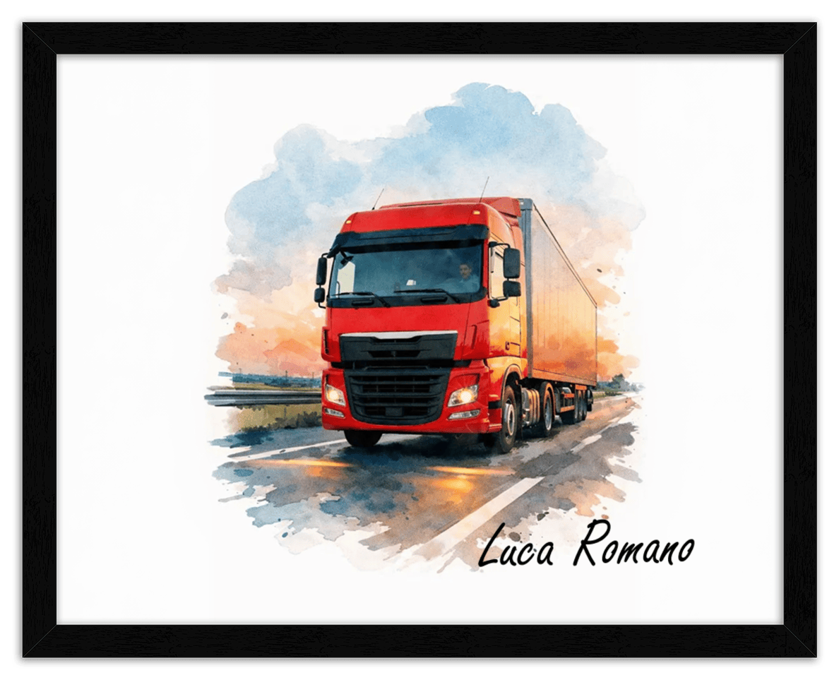 Personalized Watercolor Truck Portrait Wall Art – Transform Your Photo into Custom Vehicle Artwork with Name, Trucker Keepsake Decor for Living Room, Bedroom, Office, Customized Gifts for Truckers - Front View