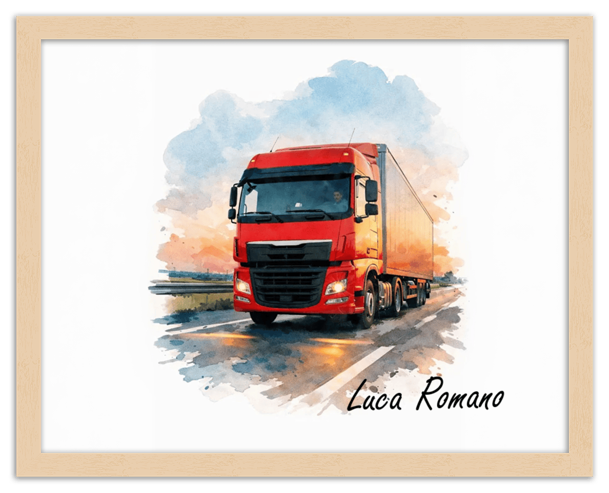 Personalized Watercolor Truck Portrait Wall Art – Transform Your Photo into Custom Vehicle Artwork with Name, Trucker Keepsake Decor for Living Room, Bedroom, Office, Customized Gifts for Truckers - Front View