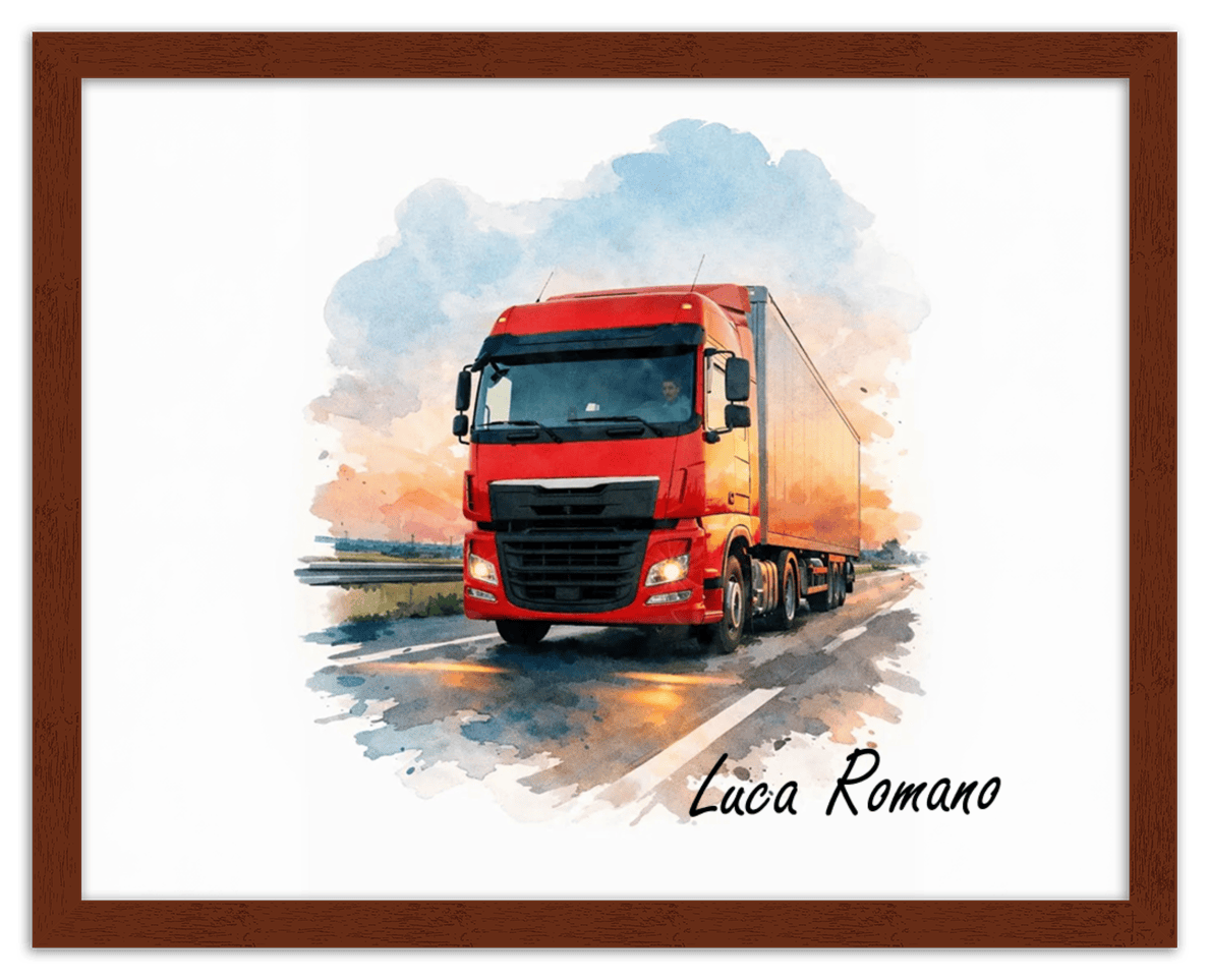 Personalized Watercolor Truck Portrait Wall Art – Transform Your Photo into Custom Vehicle Artwork with Name, Trucker Keepsake Decor for Living Room, Bedroom, Office, Customized Gifts for Truckers - Front View