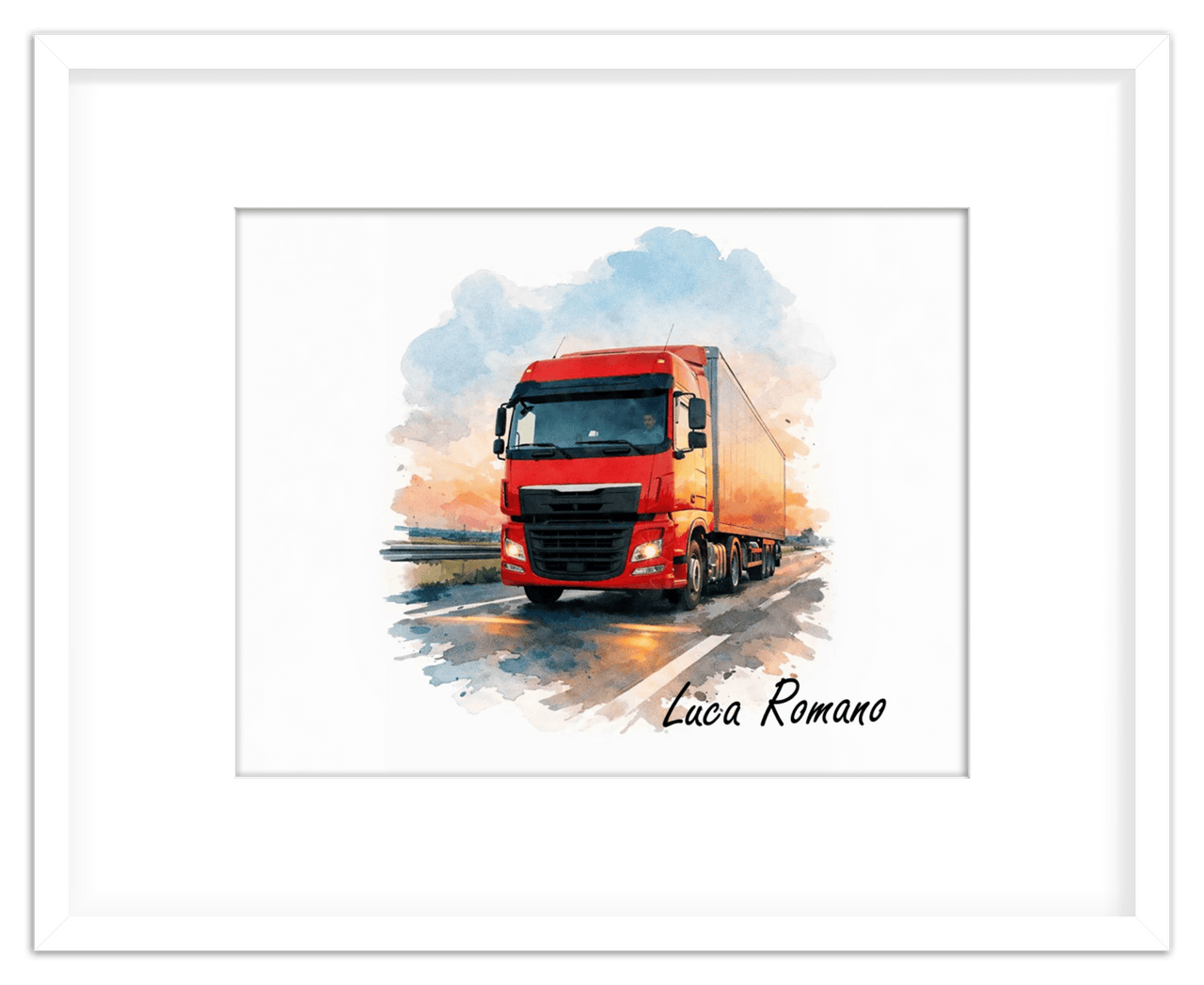 Personalized Watercolor Truck Portrait Wall Art – Transform Your Photo into Custom Vehicle Artwork with Name, Trucker Keepsake Decor for Living Room, Bedroom, Office, Customized Gifts for Truckers - Front View