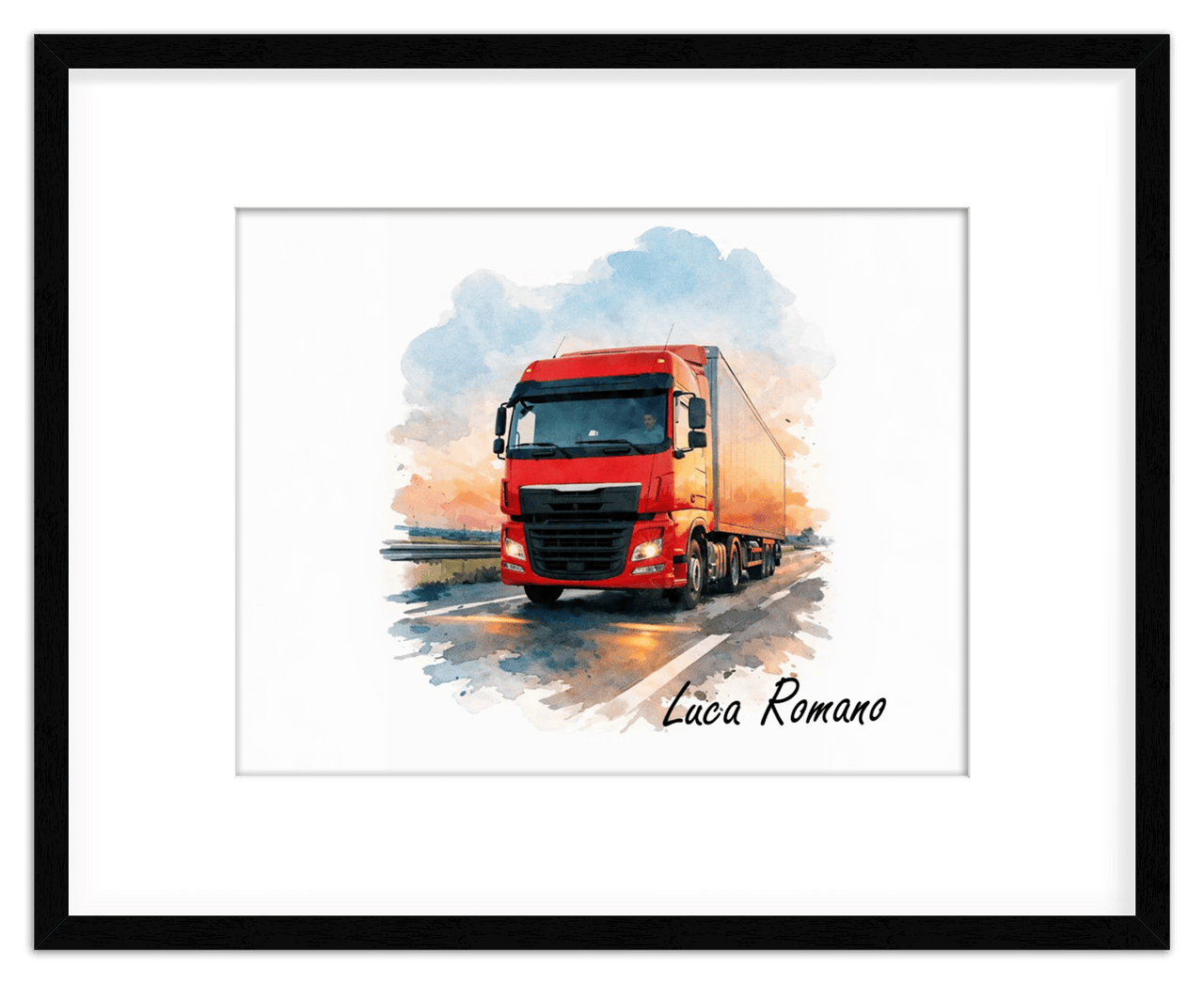 Personalized Watercolor Truck Portrait Wall Art – Transform Your Photo into Custom Vehicle Artwork with Name, Trucker Keepsake Decor for Living Room, Bedroom, Office, Customized Gifts for Truckers - Front View