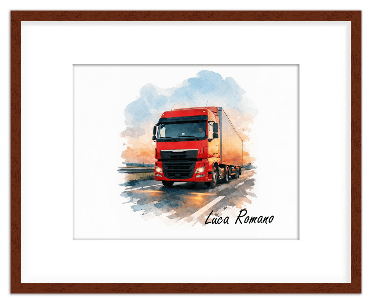 Personalized Watercolor Truck Portrait Wall Art – Transform Your Photo into Custom Vehicle Artwork with Name, Trucker Keepsake Decor for Living Room, Bedroom, Office, Customized Gifts for Truckers - Front View