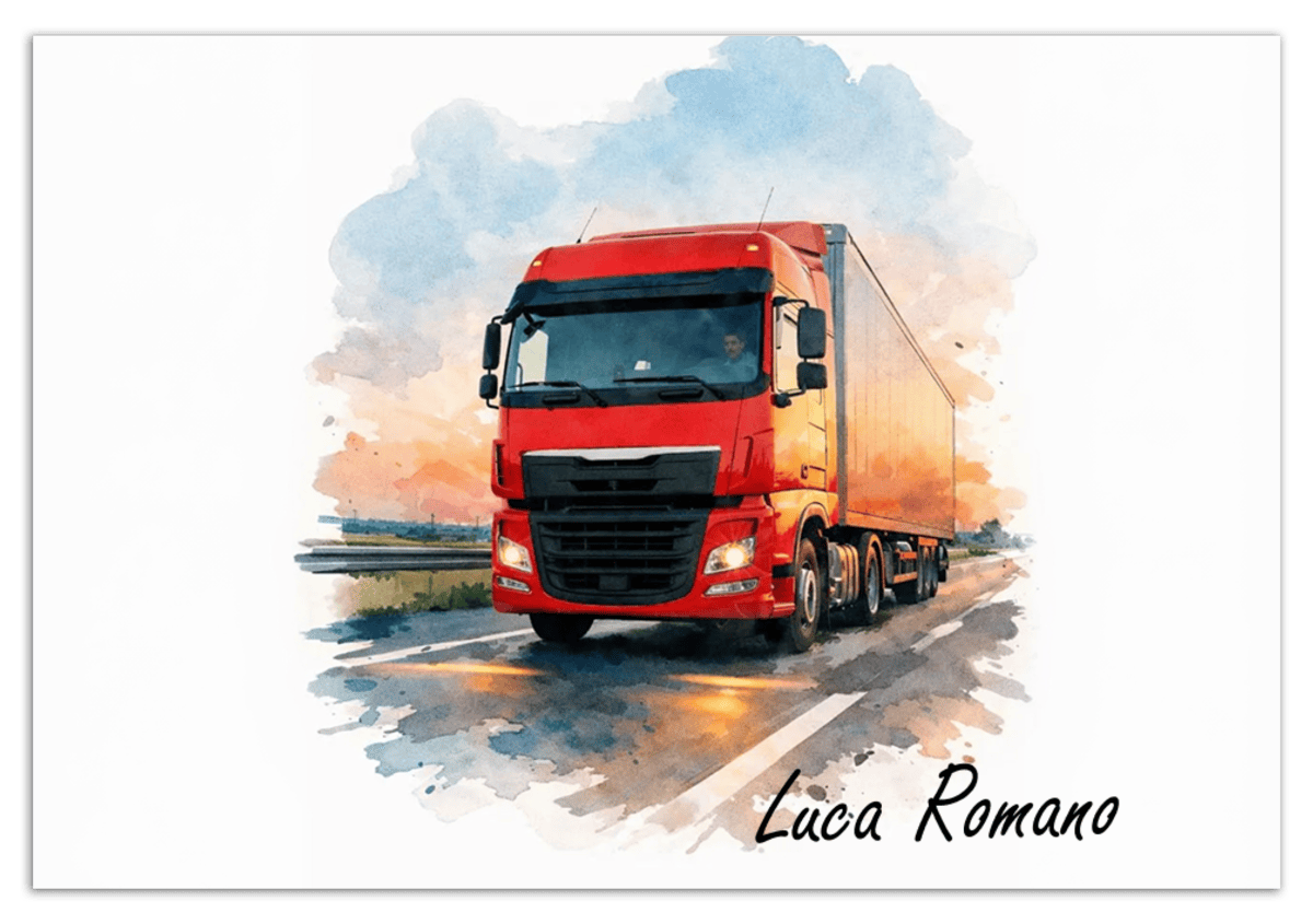 Personalized Watercolor Truck Portrait Wall Art – Transform Your Photo into Custom Vehicle Artwork with Name, Trucker Keepsake Decor for Living Room, Bedroom, Office, Customized Gifts for Truckers - Front View