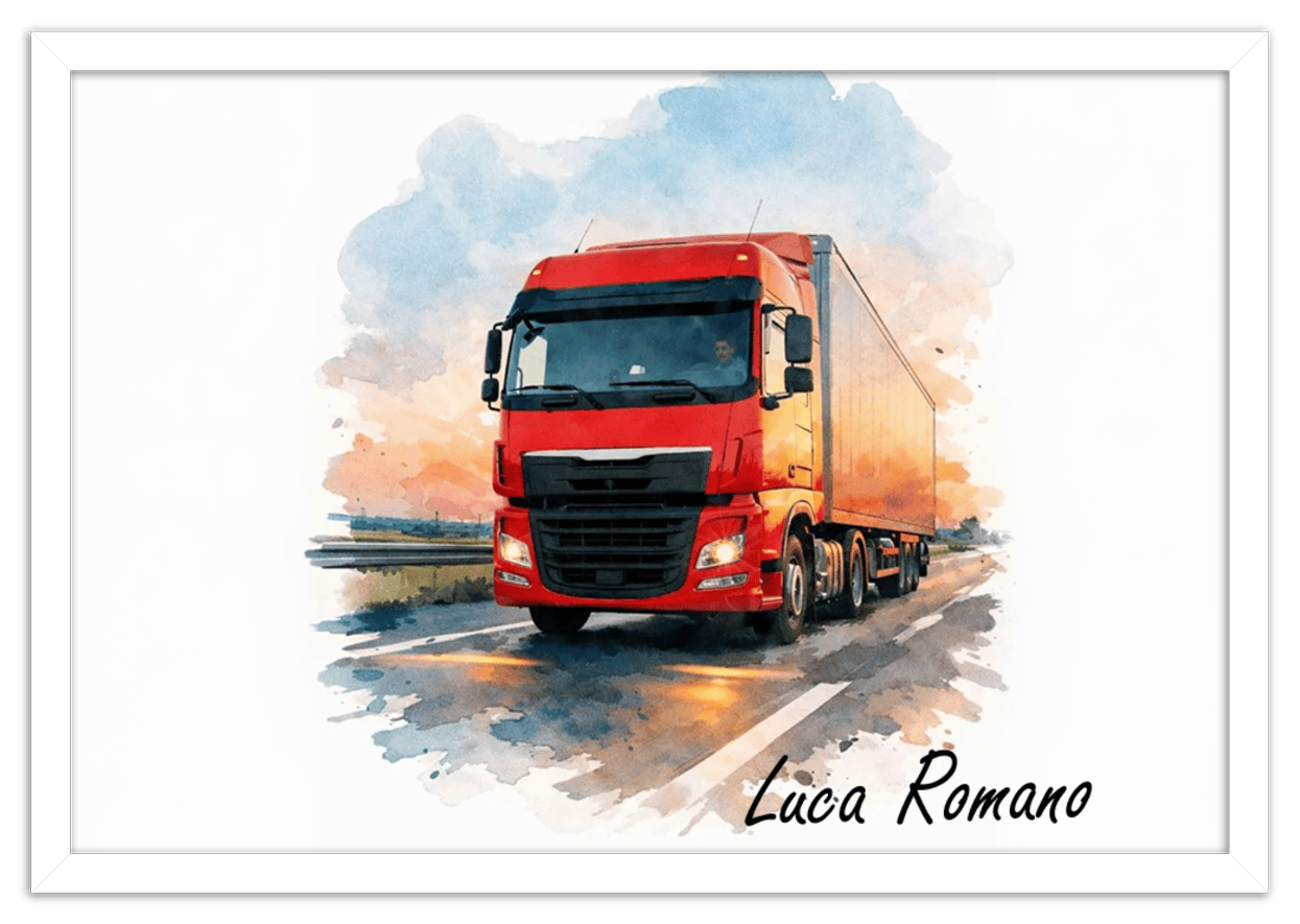 Personalized Watercolor Truck Portrait Wall Art – Transform Your Photo into Custom Vehicle Artwork with Name, Trucker Keepsake Decor for Living Room, Bedroom, Office, Customized Gifts for Truckers - Front View
