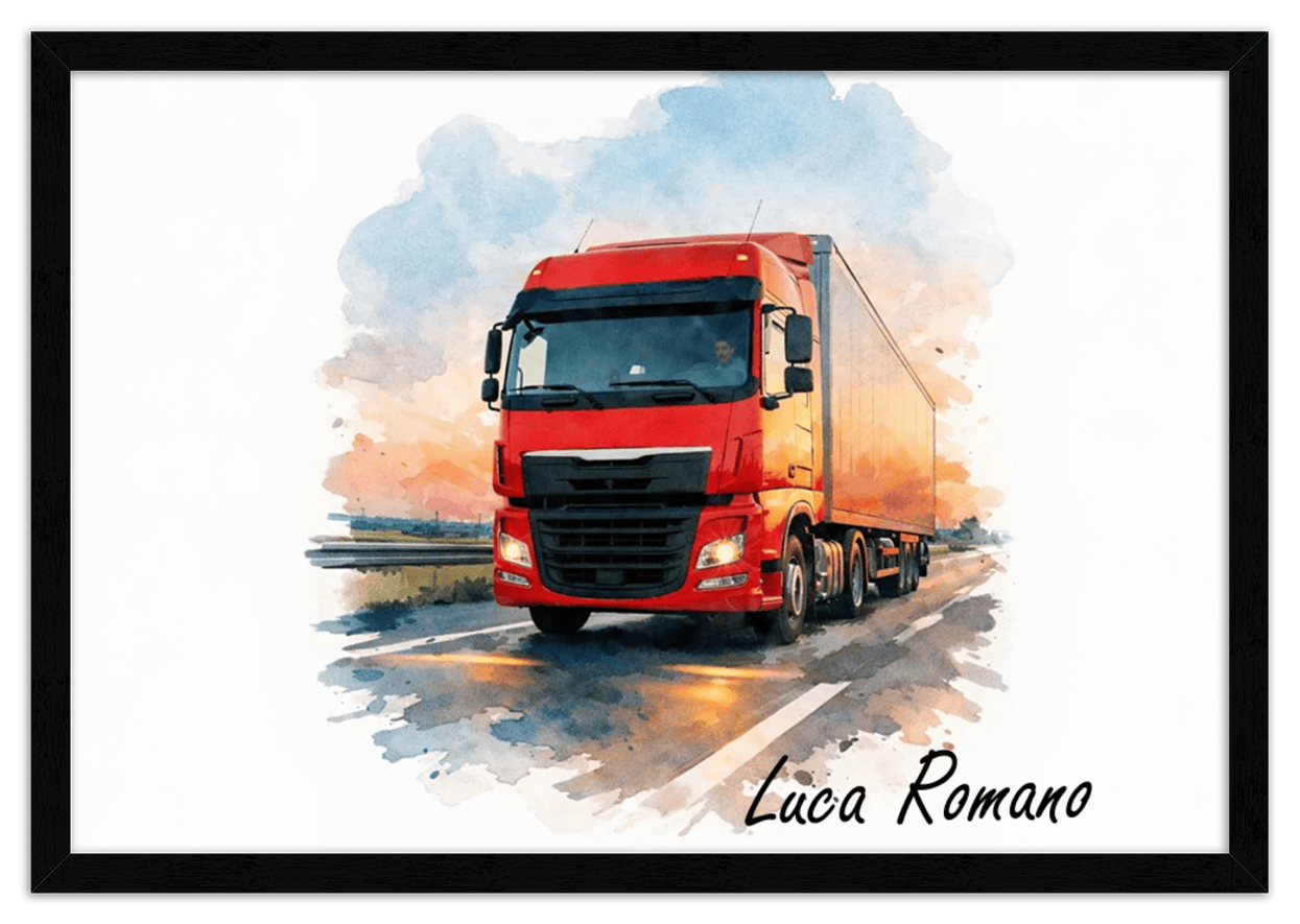 Personalized Watercolor Truck Portrait Wall Art – Transform Your Photo into Custom Vehicle Artwork with Name, Trucker Keepsake Decor for Living Room, Bedroom, Office, Customized Gifts for Truckers - Front View
