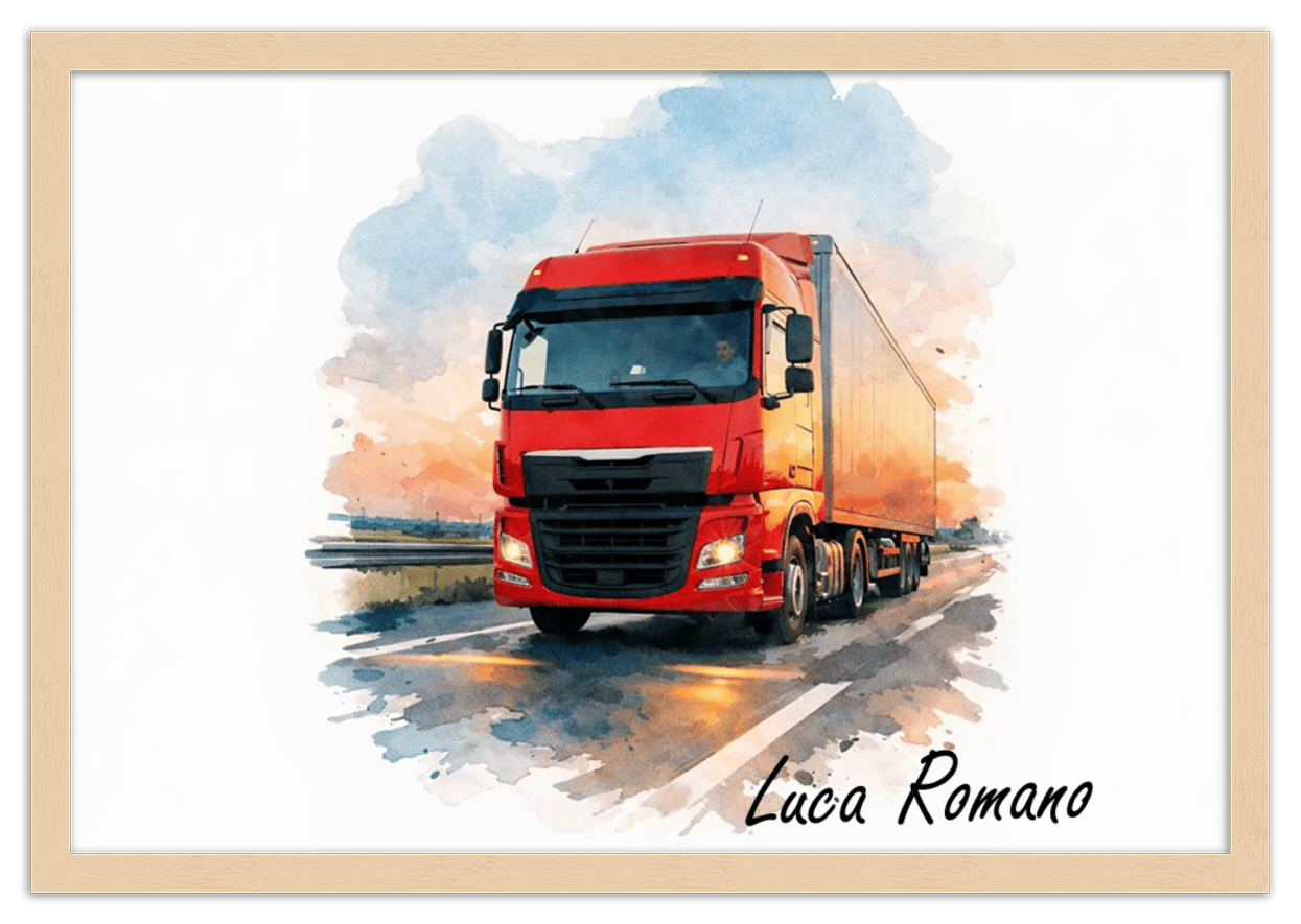 Personalized Watercolor Truck Portrait Wall Art – Transform Your Photo into Custom Vehicle Artwork with Name, Trucker Keepsake Decor for Living Room, Bedroom, Office, Customized Gifts for Truckers - Front View