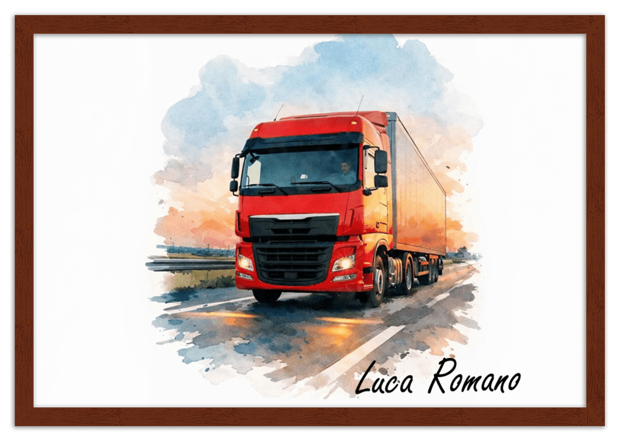 Personalized Watercolor Truck Portrait Wall Art – Transform Your Photo into Custom Vehicle Artwork with Name, Trucker Keepsake Decor for Living Room, Bedroom, Office, Customized Gifts for Truckers - Front View
