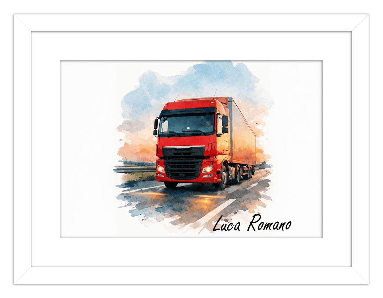 Personalized Watercolor Truck Portrait Wall Art – Transform Your Photo into Custom Vehicle Artwork with Name, Trucker Keepsake Decor for Living Room, Bedroom, Office, Customized Gifts for Truckers - Front View