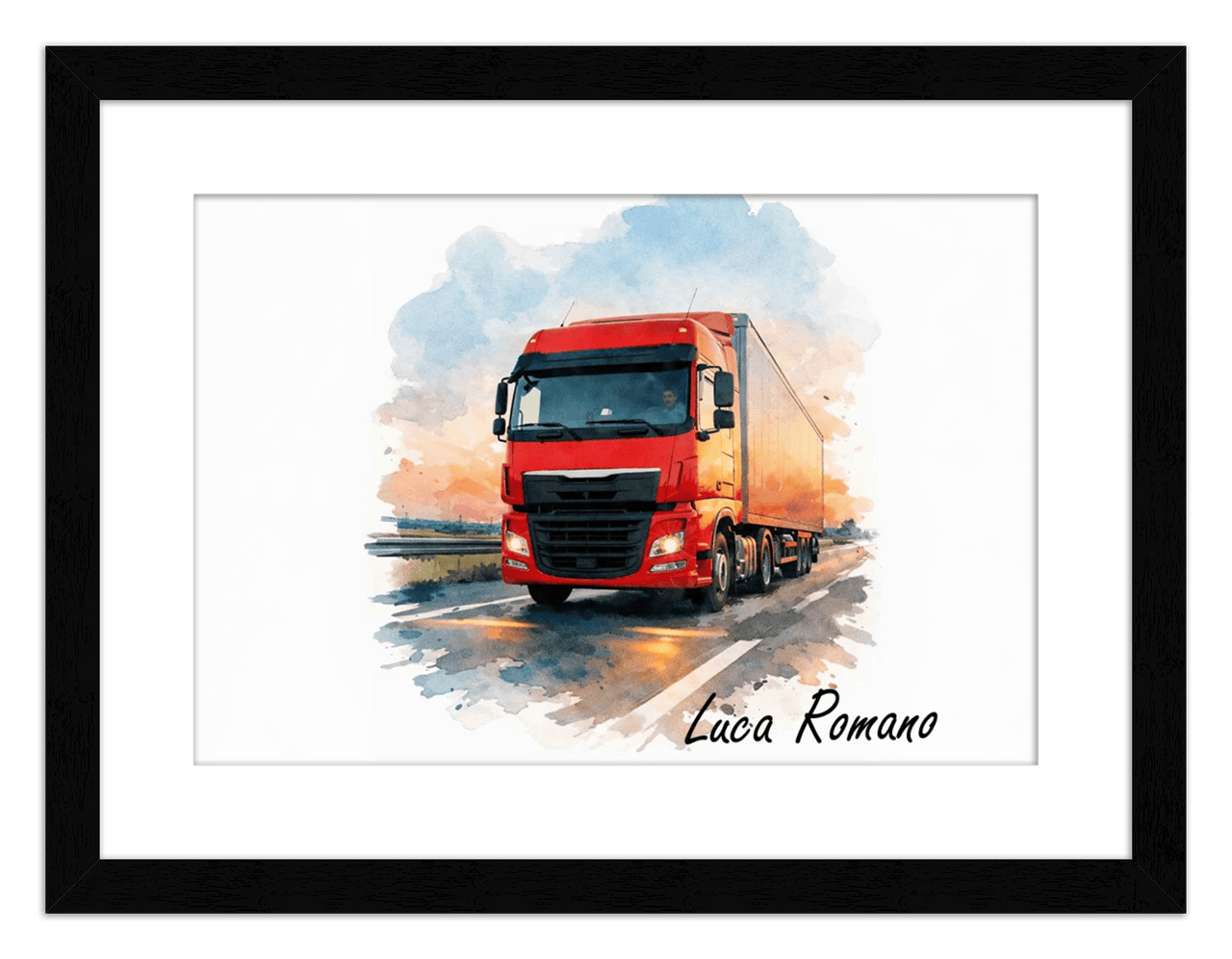 Personalized Watercolor Truck Portrait Wall Art – Transform Your Photo into Custom Vehicle Artwork with Name, Trucker Keepsake Decor for Living Room, Bedroom, Office, Customized Gifts for Truckers - Front View