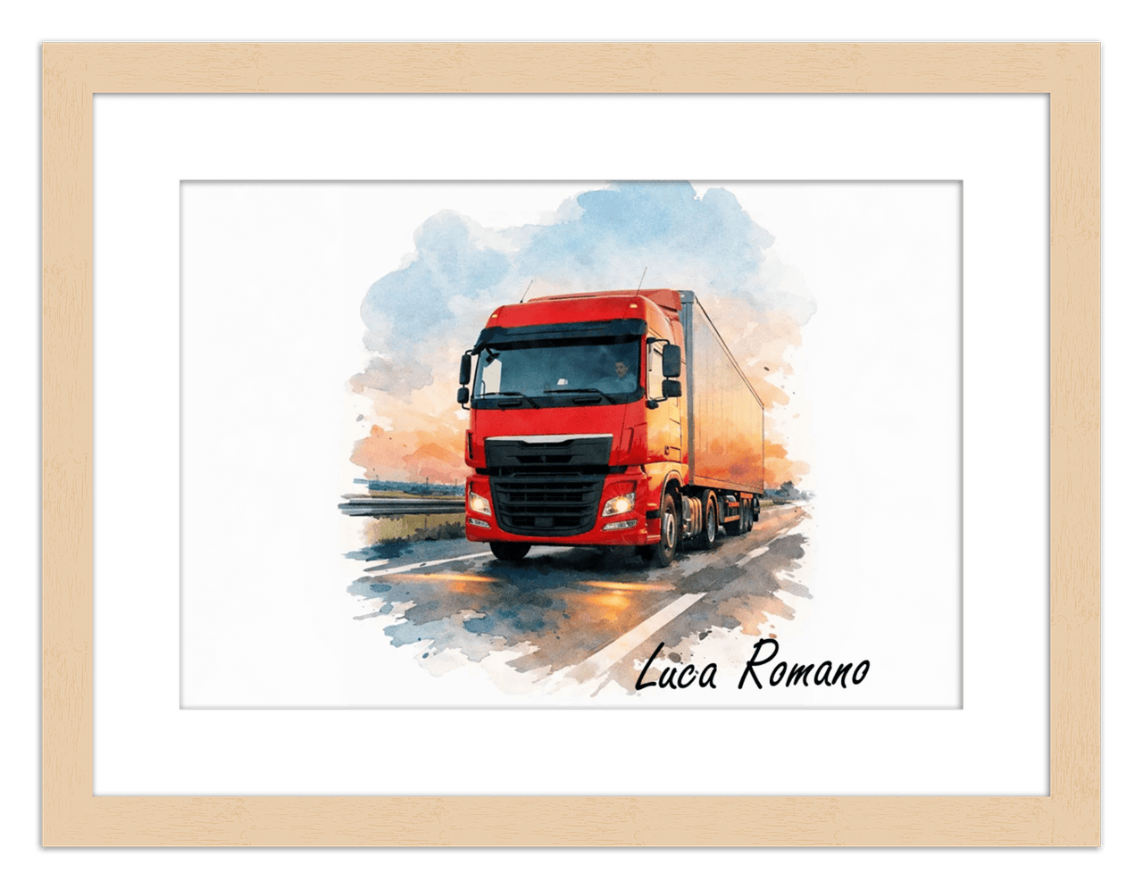 Personalized Watercolor Truck Portrait Wall Art – Transform Your Photo into Custom Vehicle Artwork with Name, Trucker Keepsake Decor for Living Room, Bedroom, Office, Customized Gifts for Truckers - Front View