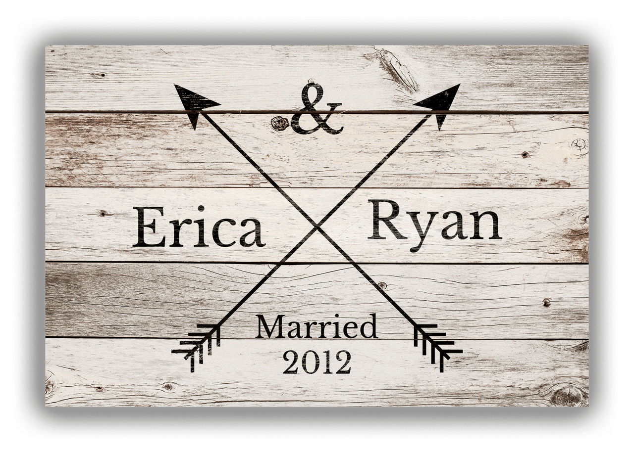 Personalized Wood Grain Canvas Wrap & Photo Print - Black Arrows - Couples Names with Wedding Year - Whitewash Wood - Front View