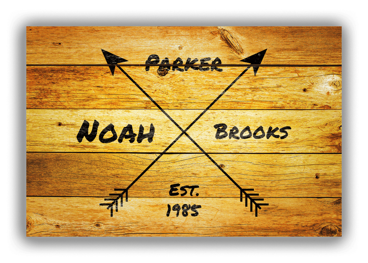 Personalized Wood Grain Canvas Wrap & Photo Print - Black Arrows - Name with Birth Year - Sun Burst Wood - Front View