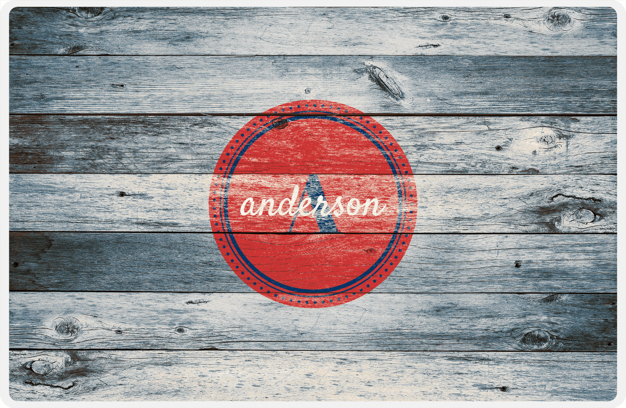 Personalized Wood Grain Placemat - Name Over Initial - Bluewash Wood - Circle Nameplate -  View