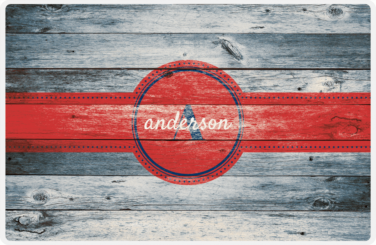 Personalized Wood Grain Placemat - Name Over Initial - Bluewash Wood - Circle Ribbon Nameplate -  View