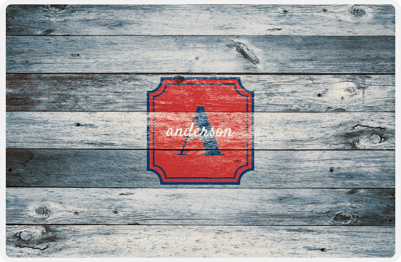 Personalized Wood Grain Placemat - Name Over Initial - Bluewash Wood - Stamp Nameplate -  View