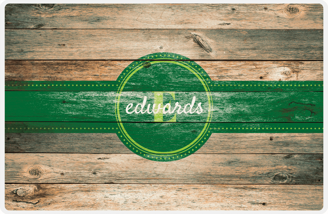 Personalized Wood Grain Placemat - Name Over Initial - Patina Wood - Circle Ribbon Nameplate -  View