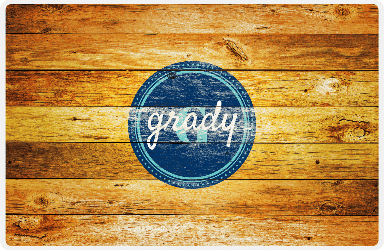 Personalized Wood Grain Placemat - Name Over Initial - Sun Burst Wood - Circle Nameplate -  View