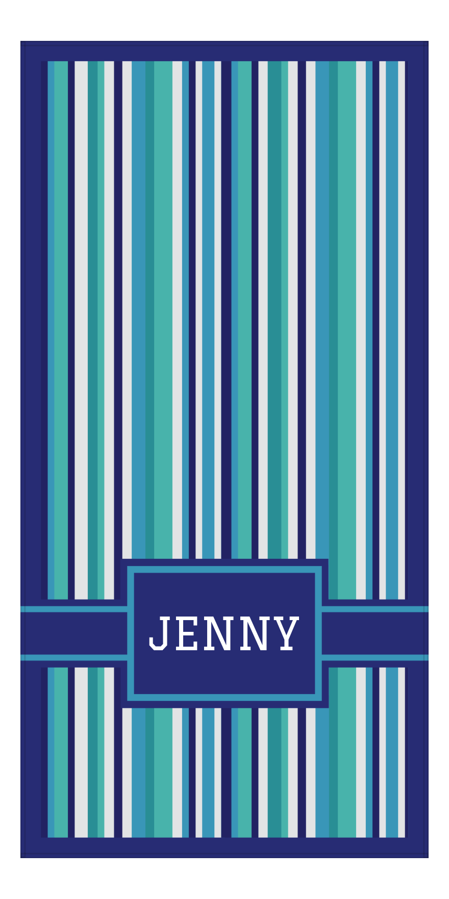 Personalized 5 Color Stripes 2 Repeat Beach Towel - Vertical - Rectangle with Ribbon Off Center Frame - Front View