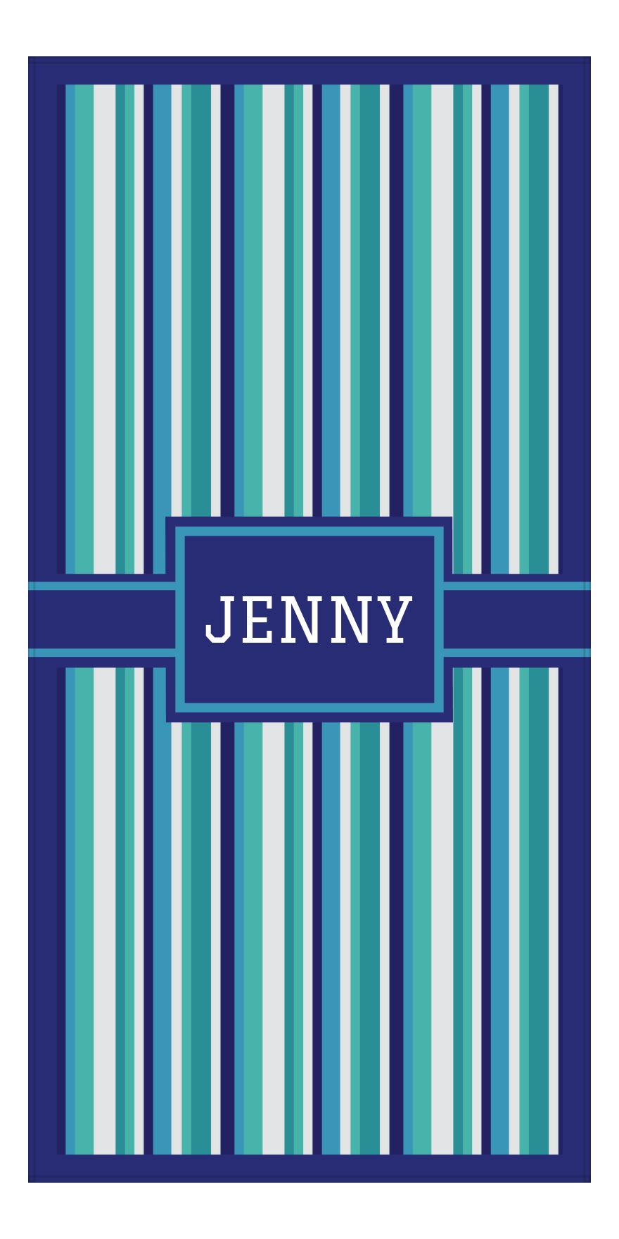 Personalized 5 Color Stripes 3 Repeat Beach Towel - Vertical - Rectangle with Ribbon Frame - Front View
