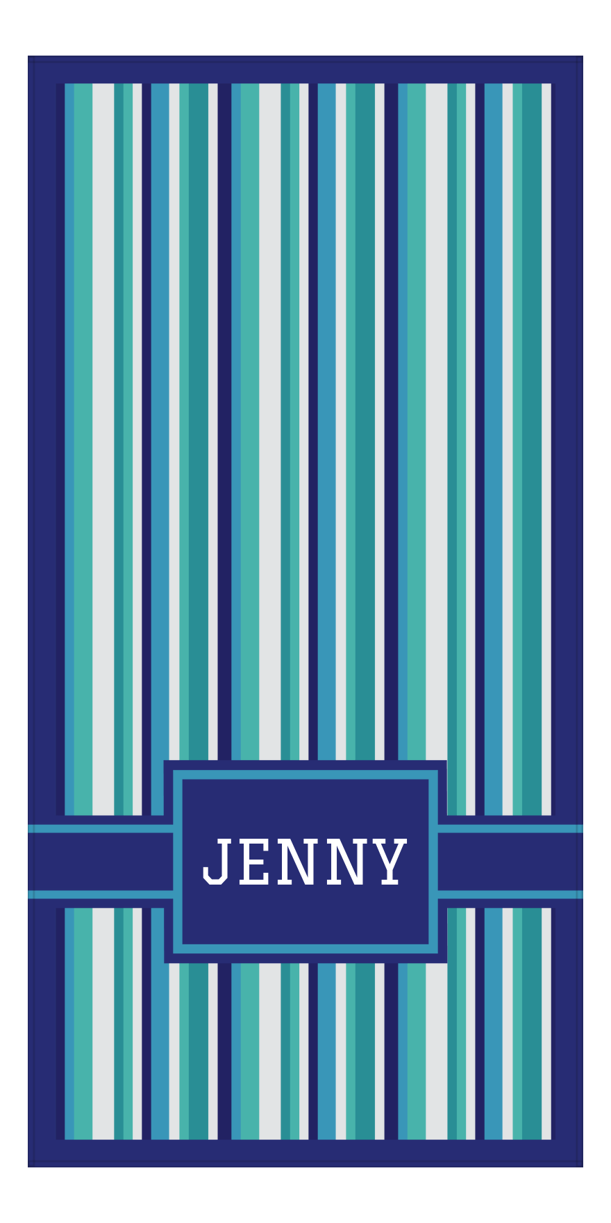 Personalized 5 Color Stripes 3 Repeat Beach Towel - Vertical - Rectangle with Ribbon Off Center Frame - Front View