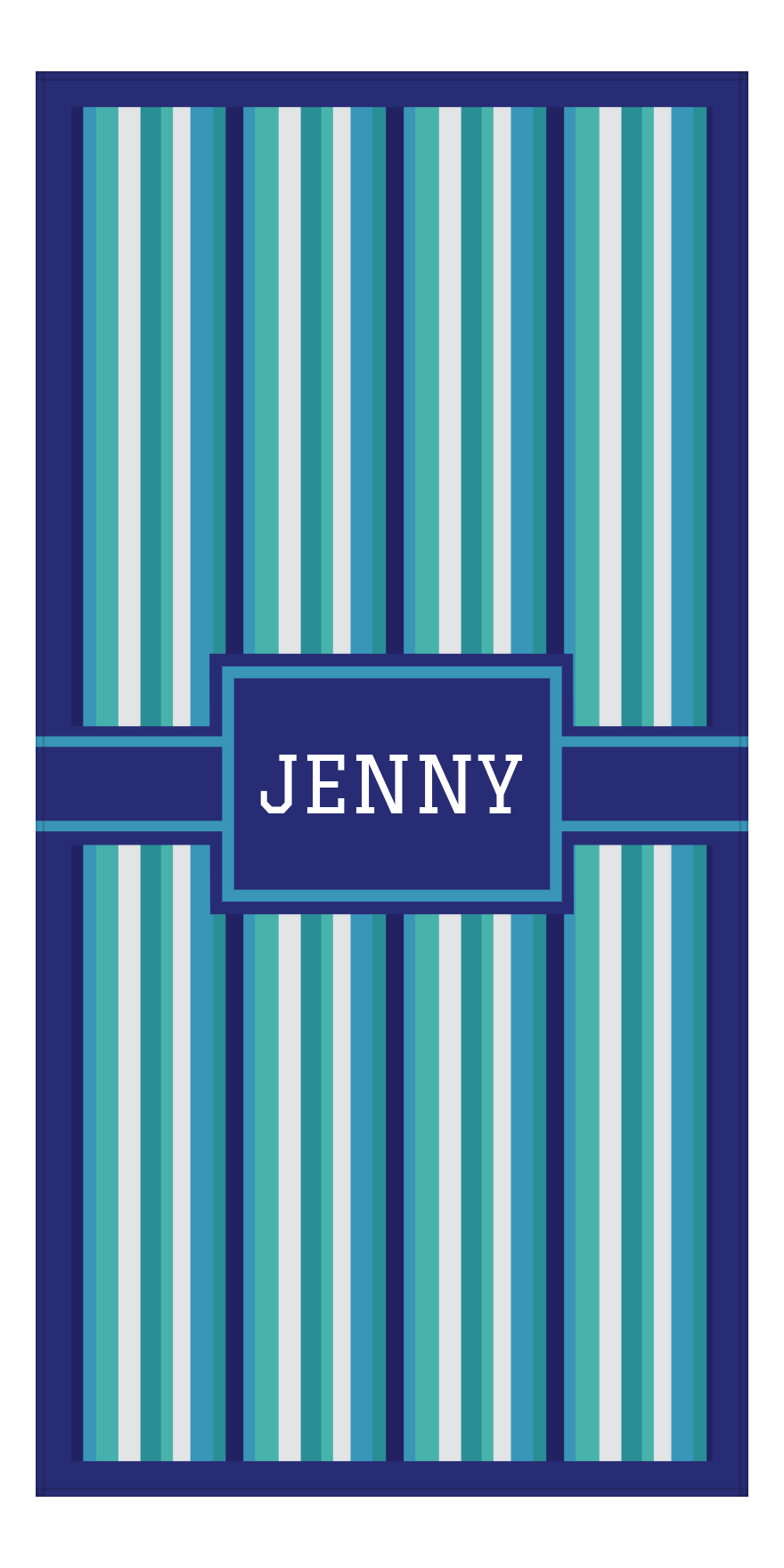 Personalized 5 Color Stripes 4 Repeat Beach Towel - Vertical - Rectangle with Ribbon Frame - Front View