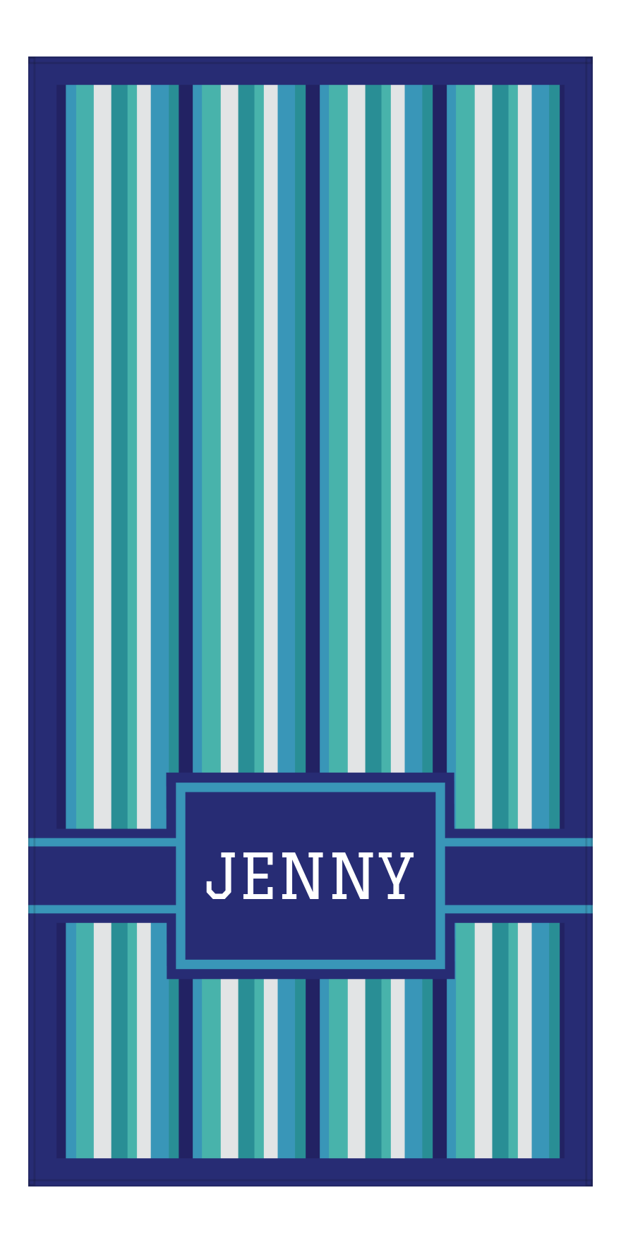 Personalized 5 Color Stripes 4 Repeat Beach Towel - Vertical - Rectangle with Ribbon Off Center Frame - Front View
