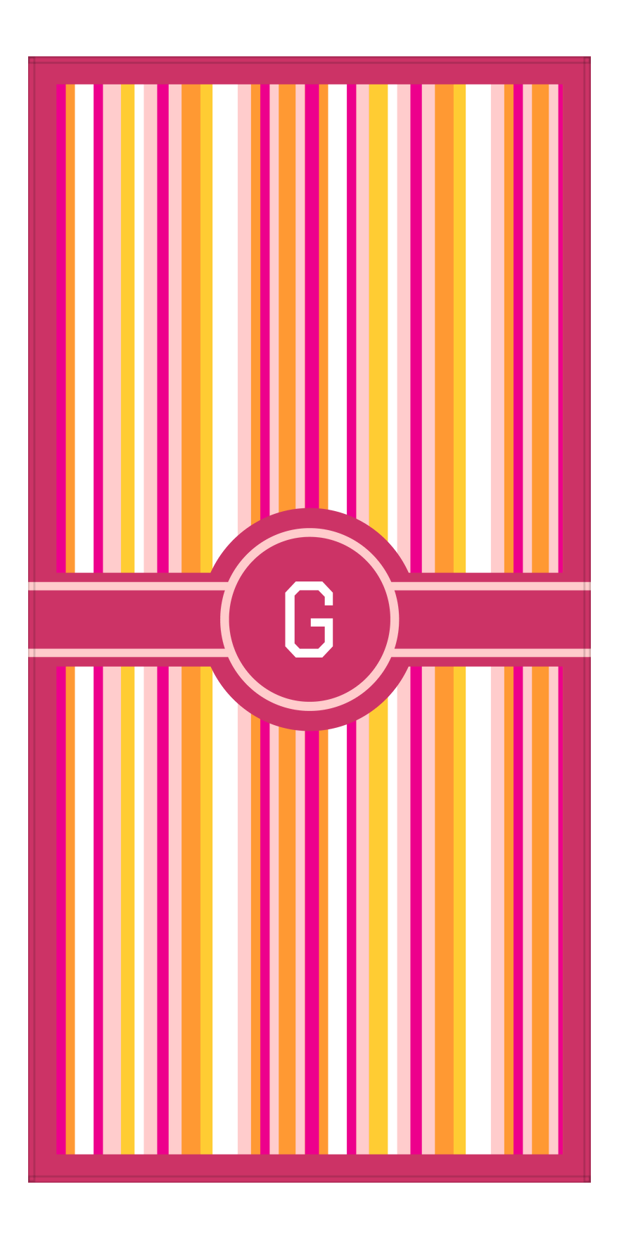 Personalized 5 Color Stripes 2 Repeat Beach Towel - Vertical - Pink and Orange - Circle with Ribbon Frame - Front View