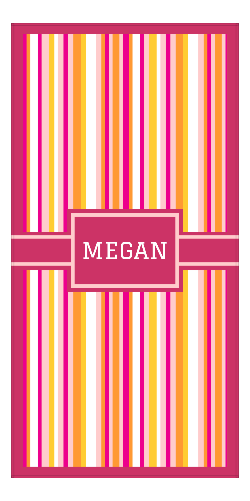 Personalized 5 Color Stripes 2 Repeat Beach Towel - Vertical - Pink and Orange - Rectangle with Ribbon Frame - Front View