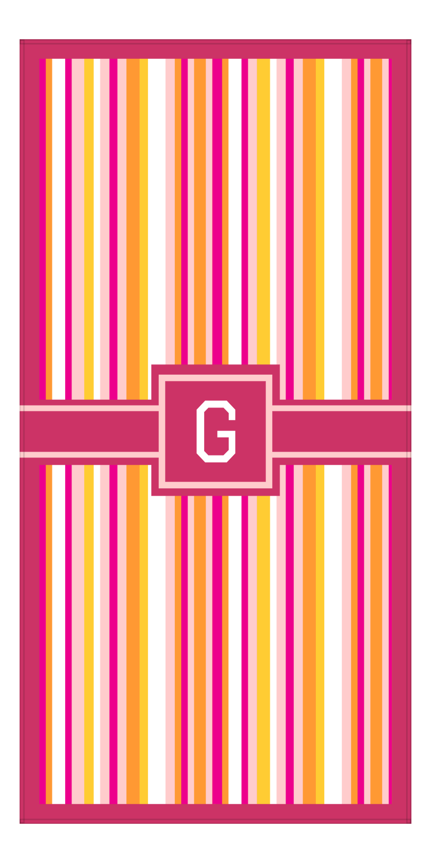 Personalized 5 Color Stripes 2 Repeat Beach Towel - Vertical - Pink and Orange - Square with Ribbon Frame - Front View