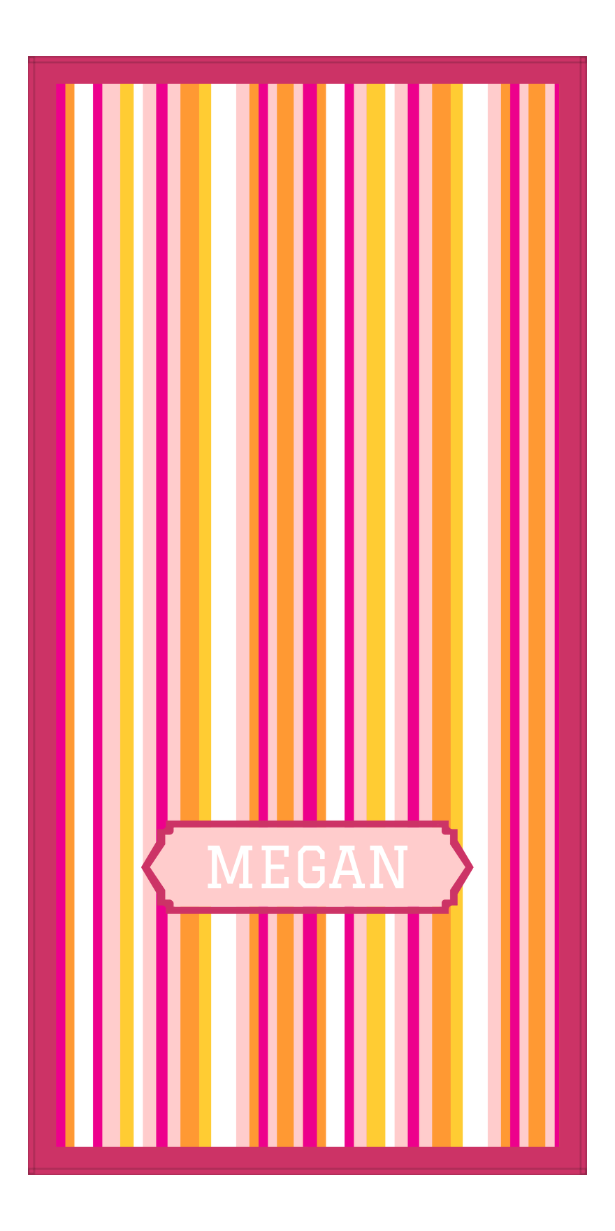 Personalized 5 Color Stripes 2 Repeat Beach Towel - Vertical - Pink and Orange - Oblong Off Center Frame - Front View