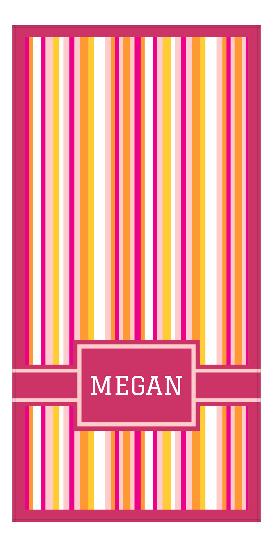 Personalized 5 Color Stripes 2 Repeat Beach Towel - Vertical - Pink and Orange - Rectangle with Ribbon Off Center Frame - Front View