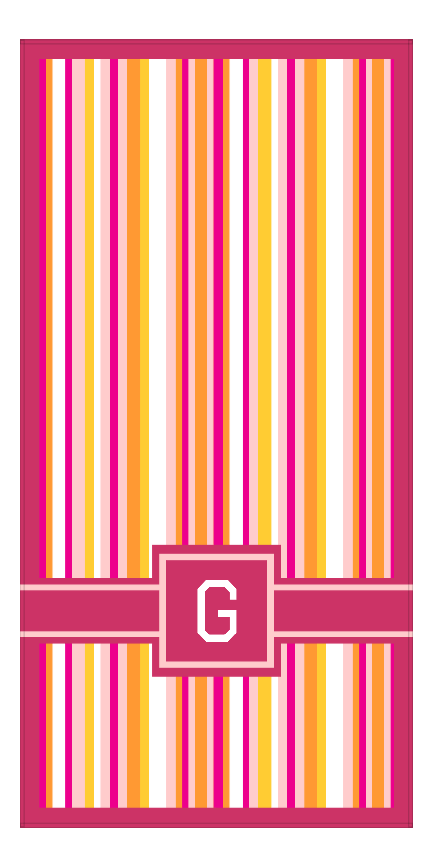 Personalized 5 Color Stripes 2 Repeat Beach Towel - Vertical - Pink and Orange - Square with Ribbon Off Center Frame - Front View