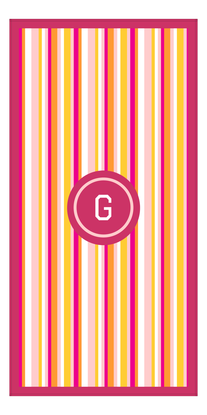 Personalized 5 Color Stripes 3 Repeat Beach Towel - Vertical - Pink and Orange - Circle Frame - Front View