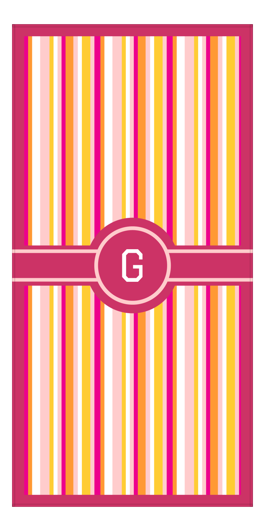 Personalized 5 Color Stripes 3 Repeat Beach Towel - Vertical - Pink and Orange - Circle with Ribbon Frame - Front View
