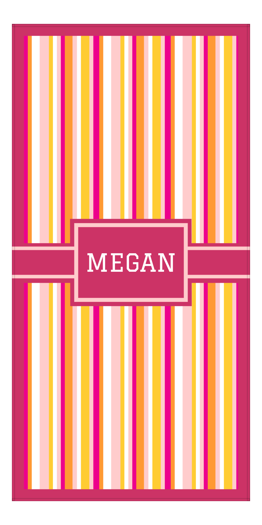 Personalized 5 Color Stripes 3 Repeat Beach Towel - Vertical - Pink and Orange - Rectangle with Ribbon Frame - Front View