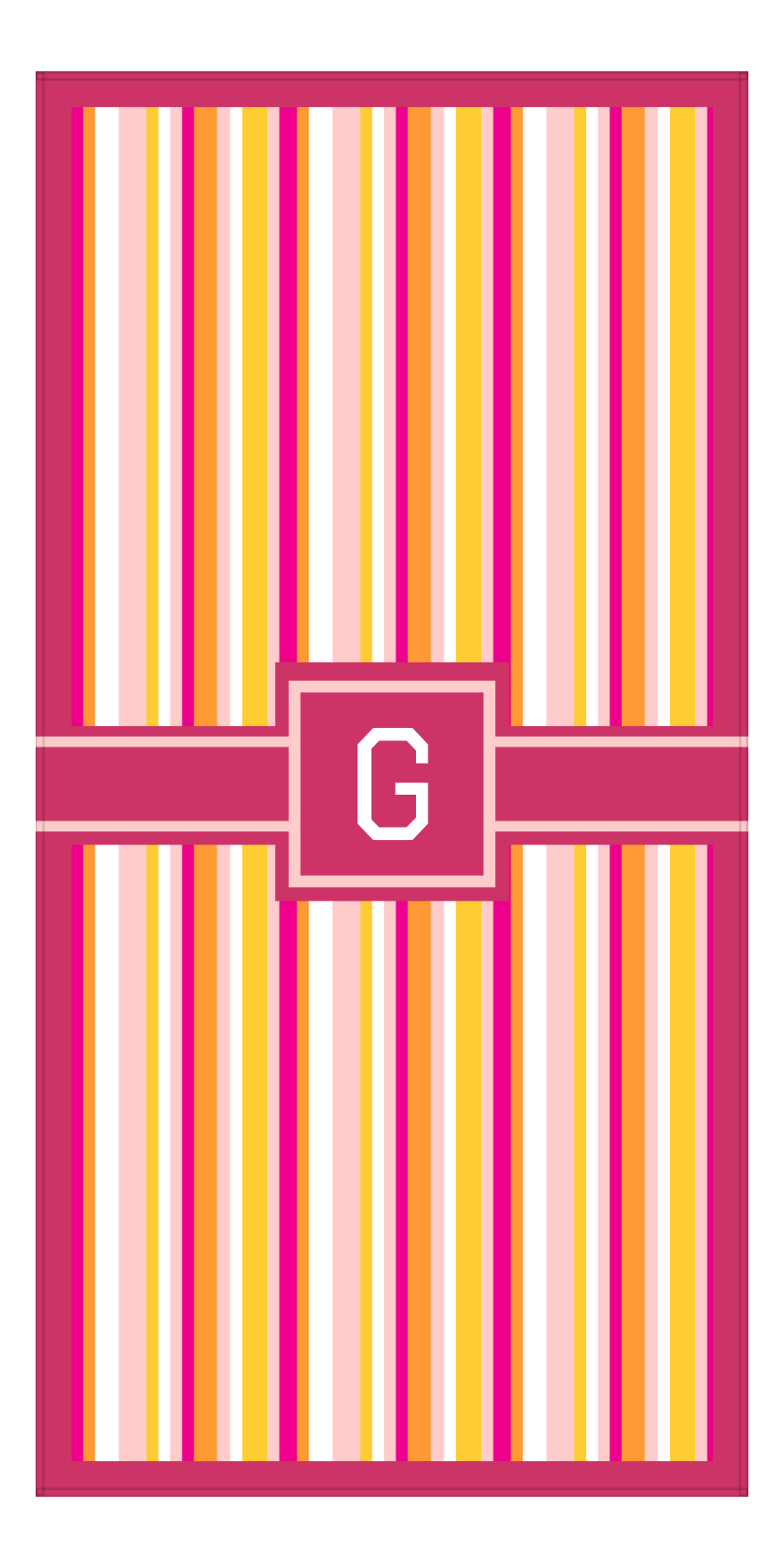 Personalized 5 Color Stripes 3 Repeat Beach Towel - Vertical - Pink and Orange - Square with Ribbon Frame - Front View