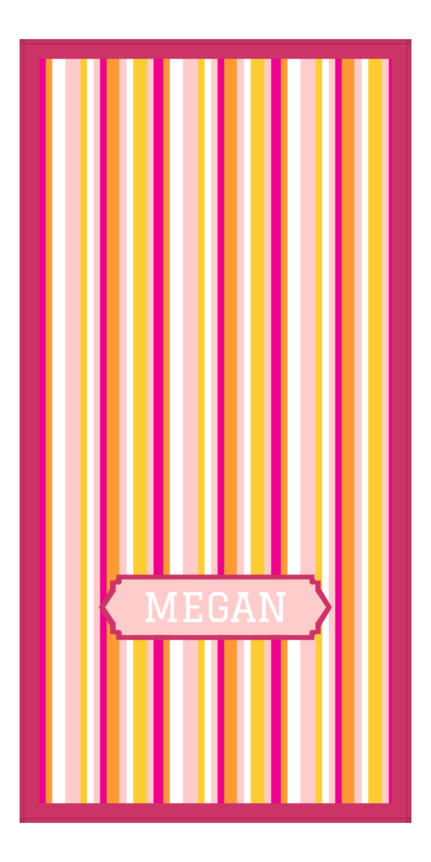 Personalized 5 Color Stripes 3 Repeat Beach Towel - Vertical - Pink and Orange - Oblong Off Center Frame - Front View