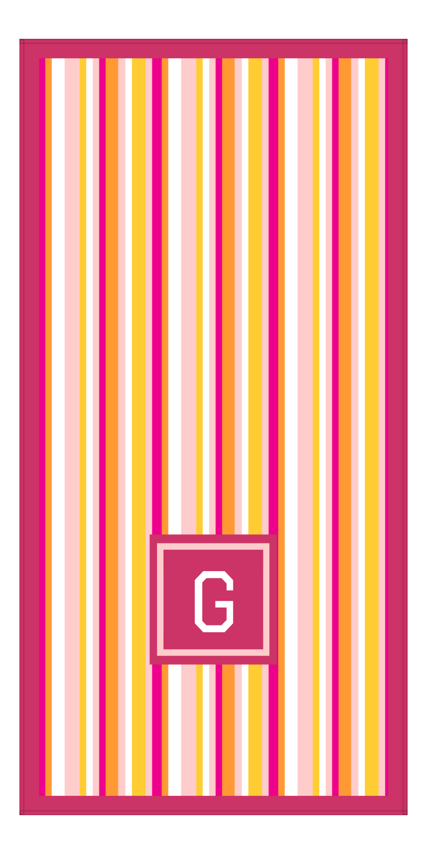 Personalized 5 Color Stripes 3 Repeat Beach Towel - Vertical - Pink and Orange - Square Off Center Frame - Front View