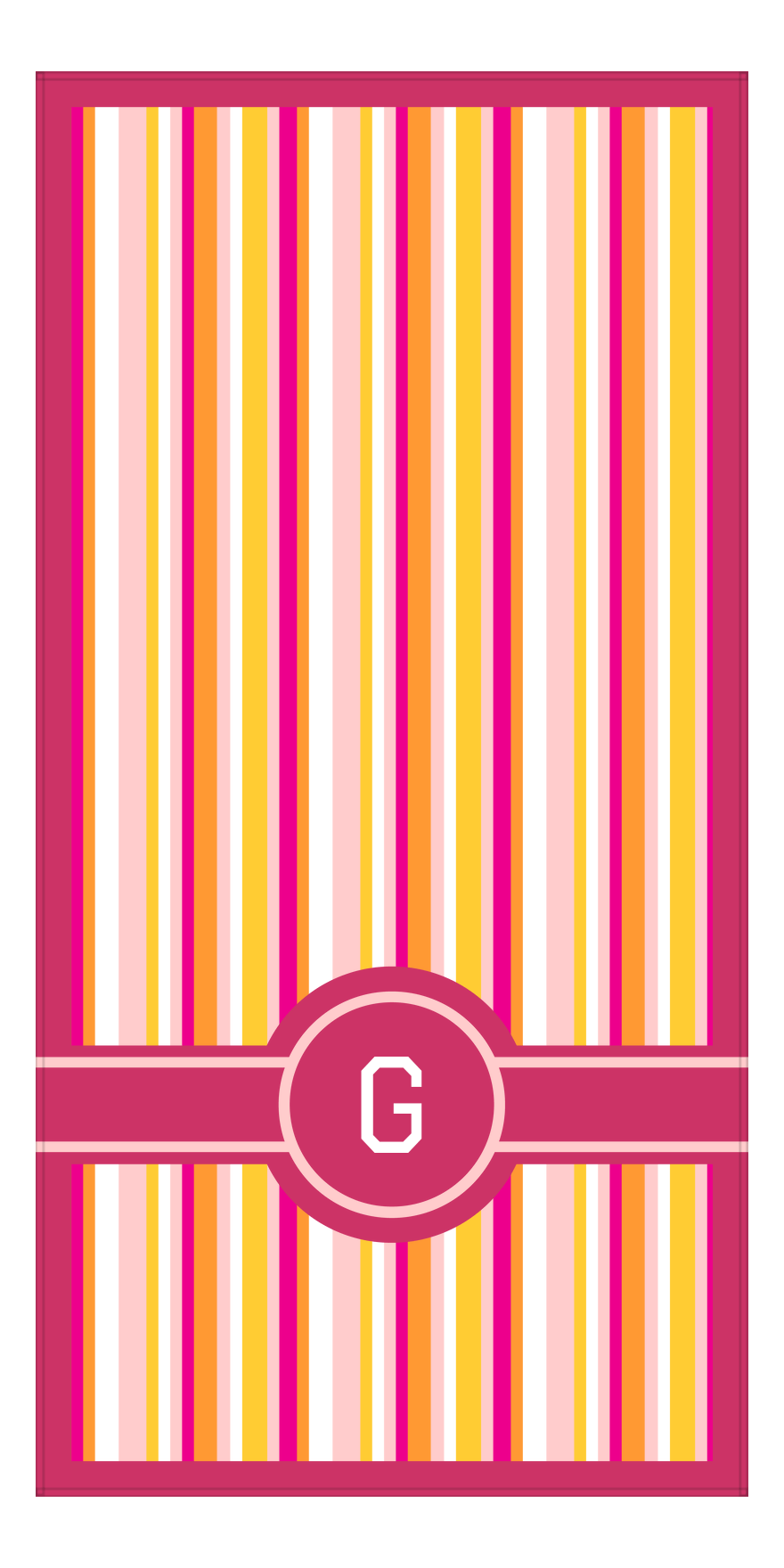 Personalized 5 Color Stripes 3 Repeat Beach Towel - Vertical - Pink and Orange - Circle with Ribbon Off Center Frame - Front View