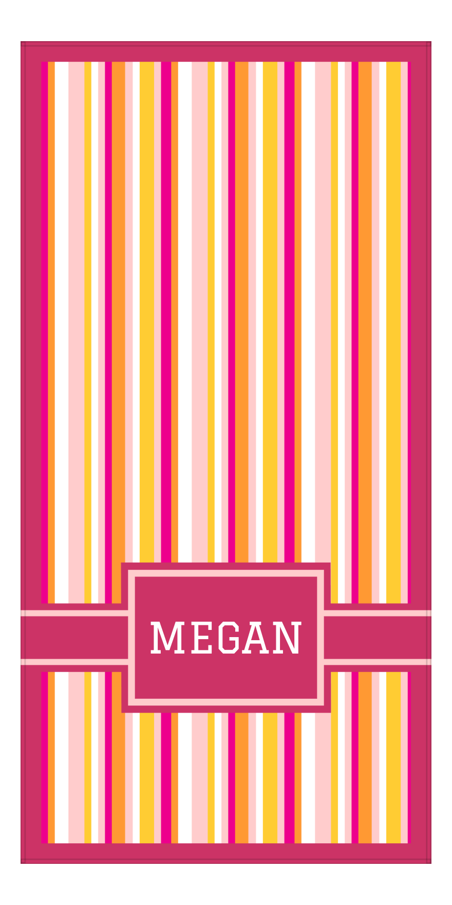 Personalized 5 Color Stripes 3 Repeat Beach Towel - Vertical - Pink and Orange - Rectangle with Ribbon Off Center Frame - Front View